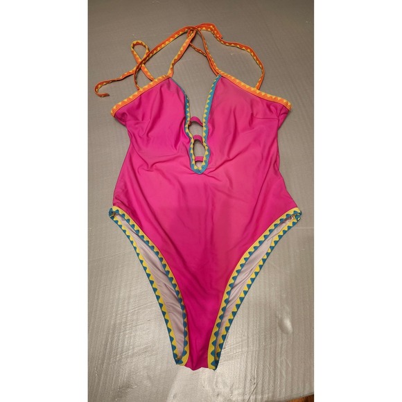 Popvil‎ One Piece Swimsuit Womens Large Tie Strappy Back Tummy Control Neon Pink - Picture 1 of 10